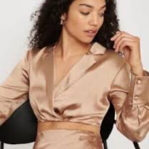 Elegant Cropped Open Front Faux Wrap Long Sleeve Satin Blouse Champagne Large